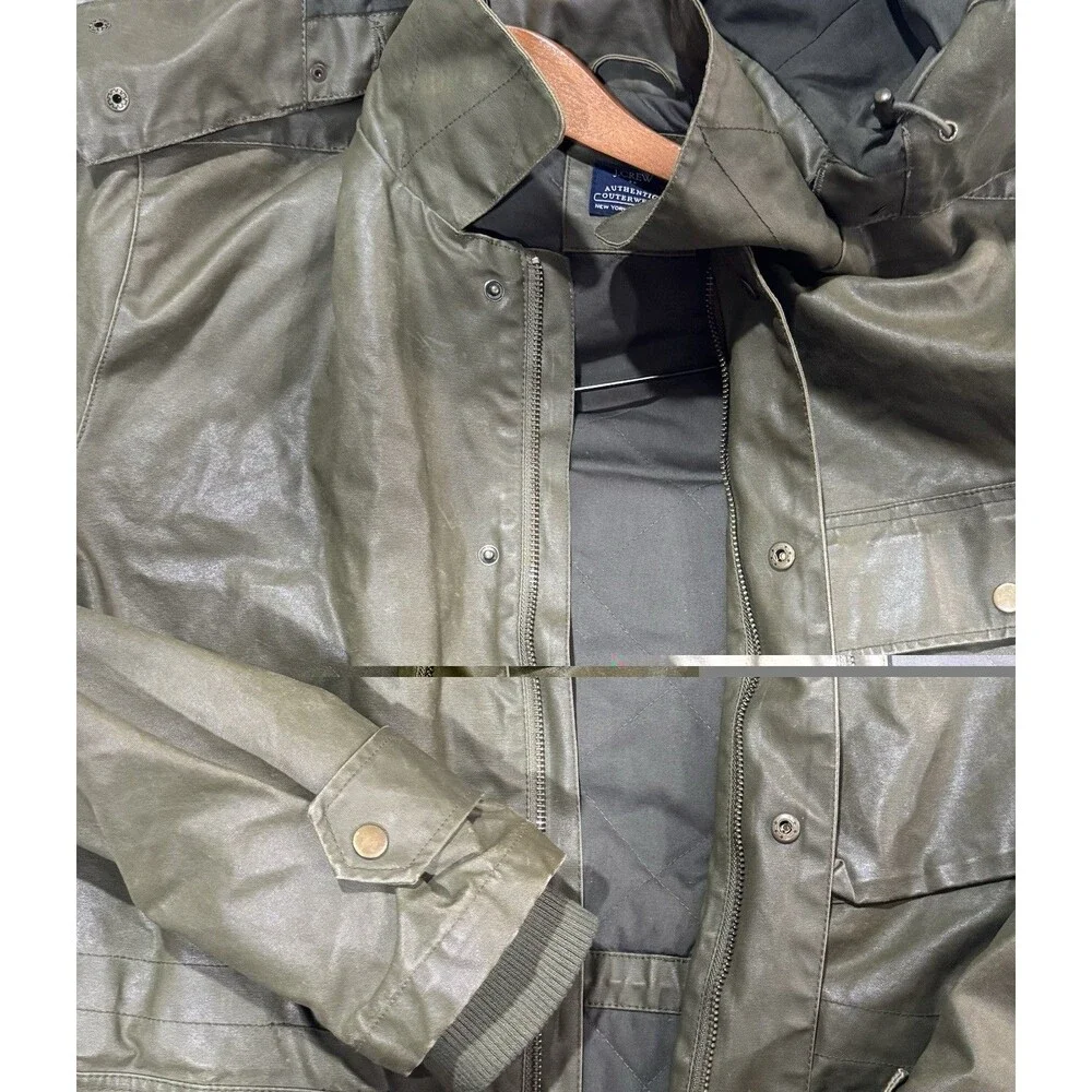 J.Crew Men L Waxed Cotton Field Jacket Olive Quilted Hooded A8942 Military Work